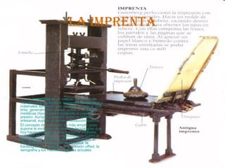 La imprenta



    •     La imprenta:




•
               La imprenta es un método mecánico de
        La imprenta:

        reproducción de textos e imágenes sobre papel o
        materiales similares, que consiste en aplicar una
        tinta, generalmente oleosa, sobre unas piezas
        metálicas (tipos) para transferirla al papel por
        presión. Aunque comenzó como un método
        artesanal, supuso la primera revolución cultural.
•       El concepto de impresión es más amplio pues
        supone la evolución de diversas tecnologías que
        hoy hacen posible hacerlo mediante múltiples
        métodos de impresión y reproducción. Como la
        flexografía, la serigrafía, el Huecograbado, el
        alto grabado, la fotografía electrolítica, la
        fotolitografía, la litografía, la impresión offset, la
        xerografía y los métodos digitales actuales
 