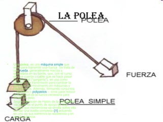 La poLea



•   Una polea, es una máquina simple que
    sirve para transmitir una fuerza. Se trata de
    una rueda, generalmente maciza y
    acanalada en su borde, que, con el curso
    de una cuerda o cable que se hace pasar
    por el canal ("garganta"), se usa como
    elemento de transmisión para cambiar la
    dirección del movimiento en máquinas y
    mecanismos. Además, formando conjuntos
    —aparejos o polipastos— sirve para reducir
    la magnitud de la fuerza necesaria para
    mover un peso.
•   Según definición de Hatón de la Goupillière,
    «la polea es el punto de apoyo de una
    cuerda que moviéndose se arrolla sobre ella
    sin dar una vuelta completa»[1] actuando
    en uno de sus extremos la resistencia y en
    otro la potencia
 