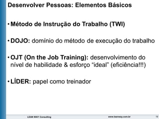 19
LEAN WAY Consulting www.leanway.com.br
•Método de Instrução do Trabalho (TWI)
•DOJO: domínio do método de execução do trabalho
•OJT (On the Job Training): desenvolvimento do
nível de habilidade & esforço “ideal” (eficiência!!!)
•LÍDER: papel como treinador
Desenvolver Pessoas: Elementos Básicos
 
