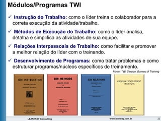 22
LEAN WAY Consulting www.leanway.com.br
Módulos/Programas TWI
✓ Instrução do Trabalho: como o líder treina o colaborador para a
correta execução da atividade/trabalho.
✓ Métodos de Execução do Trabalho: como o líder analisa,
detalha e simplifica as atividades de sua equipe.
✓ Relações Interpessoais de Trabalho: como facilitar e promover
a melhor relação do líder com o treinando.
✓ Desenvolvimento de Programas: como tratar problemas e como
estruturar programas/núcleos específicos de treinamento.
Fonte: TWI Service, Bureau of Training
 