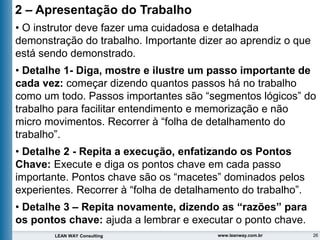 26
LEAN WAY Consulting www.leanway.com.br
2 – Apresentação do Trabalho
• O instrutor deve fazer uma cuidadosa e detalhada
demonstração do trabalho. Importante dizer ao aprendiz o que
está sendo demonstrado.
• Detalhe 1- Diga, mostre e ilustre um passo importante de
cada vez: começar dizendo quantos passos há no trabalho
como um todo. Passos importantes são “segmentos lógicos” do
trabalho para facilitar entendimento e memorização e não
micro movimentos. Recorrer à “folha de detalhamento do
trabalho”.
• Detalhe 2 - Repita a execução, enfatizando os Pontos
Chave: Execute e diga os pontos chave em cada passo
importante. Pontos chave são os “macetes” dominados pelos
experientes. Recorrer à “folha de detalhamento do trabalho”.
• Detalhe 3 – Repita novamente, dizendo as “razões” para
os pontos chave: ajuda a lembrar e executar o ponto chave.
 