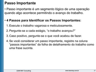 27
LEAN WAY Consulting www.leanway.com.br
Passo Importante
• Passo importante é um segmento lógico de uma operação
quando algo acontece permitindo o avanço do trabalho.
• 4 Passos para Identificar os Passos Importantes:
1. Execute o trabalho vagarosa e meticulosamente.
2. Pergunte-se a cada estágio, “o trabalho avançou?”
3. Caso positivo, pergunte-se o que você acabou de fazer.
4. Se você considerar um passo importante, registre na coluna
“passos importantes” da folha de detalhamento do trabalho como
uma frase sucinta.
 
