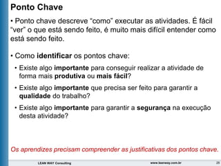 28
LEAN WAY Consulting www.leanway.com.br
Ponto Chave
• Ponto chave descreve “como” executar as atividades. É fácil
“ver” o que está sendo feito, é muito mais difícil entender como
está sendo feito.
• Como identificar os pontos chave:
• Existe algo importante para conseguir realizar a atividade de
forma mais produtiva ou mais fácil?
• Existe algo importante que precisa ser feito para garantir a
qualidade do trabalho?
• Existe algo importante para garantir a segurança na execução
desta atividade?
Os aprendizes precisam compreender as justificativas dos pontos chave.
 