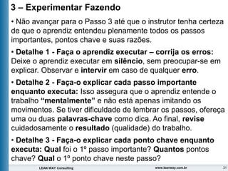 31
LEAN WAY Consulting www.leanway.com.br
3 – Experimentar Fazendo
• Não avançar para o Passo 3 até que o instrutor tenha certeza
de que o aprendiz entendeu plenamente todos os passos
importantes, pontos chave e suas razões.
• Detalhe 1 - Faça o aprendiz executar – corrija os erros:
Deixe o aprendiz executar em silêncio, sem preocupar-se em
explicar. Observar e intervir em caso de qualquer erro.
• Detalhe 2 - Faça-o explicar cada passo importante
enquanto executa: Isso assegura que o aprendiz entende o
trabalho “mentalmente” e não está apenas imitando os
movimentos. Se tiver dificuldade de lembrar os passos, ofereça
uma ou duas palavras-chave como dica. Ao final, revise
cuidadosamente o resultado (qualidade) do trabalho.
• Detalhe 3 - Faça-o explicar cada ponto chave enquanto
executa: Qual foi o 1º passo importante? Quantos pontos
chave? Qual o 1º ponto chave neste passo?
 
