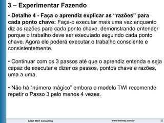 32
LEAN WAY Consulting www.leanway.com.br
3 – Experimentar Fazendo
• Detalhe 4 - Faça o aprendiz explicar as “razões” para
cada ponto chave: Faça-o executar mais uma vez enquanto
diz as razões para cada ponto chave, demonstrando entender
porque o trabalho deve ser executado seguindo cada ponto
chave. Agora ele poderá executar o trabalho consciente e
consistentemente.
• Continuar com os 3 passos até que o aprendiz entenda e seja
capaz de executar e dizer os passos, pontos chave e razões,
uma a uma.
• Não há “número mágico” embora o modelo TWI recomende
repetir o Passo 3 pelo menos 4 vezes.
 