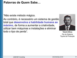 54
LEAN WAY Consulting www.leanway.com.br
Palavras de Quem Sabe…
“Não existe método mágico.
Ao contrário, é necessário um sistema de gestão
total que desenvolva a habilidade humana ao
máximo, de forma a aumentar a criatividade,
utilizar bem máquinas e instalações e eliminar
todo o tipo de perda”. Taiichi Ohno
Pai do Sistema
Toyota de Produção
 