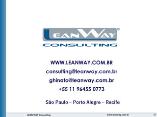 57
LEAN WAY Consulting www.leanway.com.br
WWW.LEANWAY.COM.BR
consulting@leanway.com.br
ghinato@leanway.com.br
+55 11 96455 0773
São Paulo – Porto Alegre – Recife
 