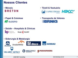 7
LEAN WAY Consulting www.leanway.com.br
• Móveis
• Papel & Celulose
• Saúde – Hospitais & Clínicas
• Siderurgia & Metalurgia
• Têxtil & Vestuário
• Transporte de Valores
Nossos Clientes
 