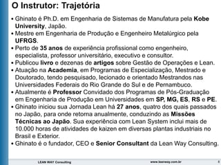 8
LEAN WAY Consulting www.leanway.com.br
• Ghinato é Ph.D. em Engenharia de Sistemas de Manufatura pela Kobe
University, Japão.
• Mestre em Engenharia de Produção e Engenheiro Metalúrgico pela
UFRGS.
• Perto de 35 anos de experiência profissional como engenheiro,
especialista, professor universitário, executivo e consultor.
• Publicou livro e dezenas de artigos sobre Gestão de Operações e Lean.
• Atuação na Academia, em Programas de Especialização, Mestrado e
Doutorado, tendo pesquisado, lecionado e orientado Mestrandos nas
Universidades Federais do Rio Grande do Sul e de Pernambuco.
• Atualmente é Professor Convidado dos Programas de Pós-Graduação
em Engenharia de Produção em Universidades em SP, MG, ES, RS e PE.
• Ghinato iniciou sua Jornada Lean há 27 anos, quatro dos quais passados
no Japão, para onde retorna anualmente, conduzindo as Missões
Técnicas ao Japão. Sua experiência com Lean System inclui mais de
10.000 horas de atividades de kaizen em diversas plantas industriais no
Brasil e Exterior.
• Ghinato é o fundador, CEO e Senior Consultant da Lean Way Consulting.
O Instrutor: Trajetória
 