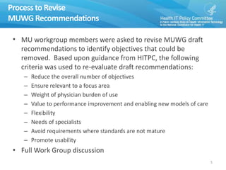 Process to Revise
MUWG Recommendations
• MU workgroup members were asked to revise MUWG draft
recommendations to identify objectives that could be
removed. Based upon guidance from HITPC, the following
criteria was used to re-evaluate draft recommendations:
– Reduce the overall number of objectives
– Ensure relevant to a focus area
– Weight of physician burden of use
– Value to performance improvement and enabling new models of care
– Flexibility
– Needs of specialists
– Avoid requirements where standards are not mature
– Promote usability
• Full Work Group discussion
5
 