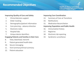 RecommendedObjectives
Improving Quality of Care and Safety
1. Clinical decision support
2. Order tracking
3. Demographics/patient information
4. Care planning – advance directive
5. Electronic notes
6. Hospital labs
7. Unique device identifiers
Engaging Patients and Families in their Care
8. View, download, transmit
9. Patient generated health data
10. Secure messaging
11. Visit Summary/clinical summary
12. Patient education
Improving Care Coordination
13. Summary of Care at Transitions
14. Notifications
15. Medication Reconciliation
Improving Population and Public Health
16. Immunization history
17. Registries
18. Electronic lab reporting
19. Syndromic surveillance
7
 