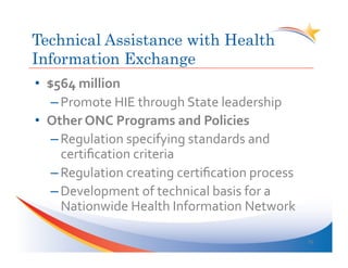 Technical Assistance with Health
Information Exchange
•  $564	
  million	
  
    – Promote	
  HIE	
  through	
  State	
  leadership	
  
•  Other	
  ONC	
  Programs	
  and	
  Policies	
  
    – Regulation	
  specifying	
  standards	
  and	
  
      certiﬁcation	
  criteria	
  
    – Regulation	
  creating	
  certiﬁcation	
  process	
  
    – Development	
  of	
  technical	
  basis	
  for	
  a	
  
      Nationwide	
  Health	
  Information	
  Network	
  

                                                                26	
  
 