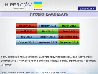 Декабрь 2013

Самые крупные промо компании для этого продукта проводились в марте, мае и
декабре 2013 г. Наименее промо активные месяцы: январь, апрель, июнь и сентябрь
2013 года.
*Напиток газированный Pepsi, 1 бутылка 2,0л, PEPSI BOTTLING GROUP

 