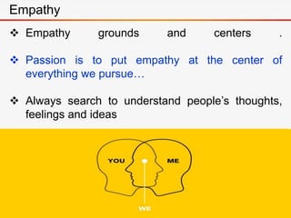  Empathy grounds and centers .
 Passion is to put empathy at the center of
everything we pursue…
 Always search to understand people’s thoughts,
feelings and ideas
Empathy
 