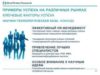 ПРИМЕРЫ УСПЕХА НА РАЗЛИЧНЫХ РЫНКАХ
КЛЮЧЕВЫЕ ФАКТОРЫ УСПЕХА
НАУЧНО-ТЕХНОЛОГИЧЕСКАЯ БАЗА. КОМАНДА

              ЭФФЕКТИВНЫЙ HR-МЕНЕДЖМЕНТ
              •постоянный поиск «звезд» среди молодых ученых
              •периодическое повышение квалификации,

              •поощрение получения ученых степеней,
              •стимулирование публикационной активности.

              ПРИВЛЕЧЕНИЕ ЛУЧШИХ
              СПЕЦИАЛИСТОВ
              Кандидаты и доктора наук, PhD, MBA,
              высококвалифицированне экспаты

              ОСОБОЕ ВНИМАНИЕ К НАУЧНЫМ
              ИДЕЯМ
              Тщательный анализ идей ученых и адаптация их к
              потребностям рынка                               25
 
