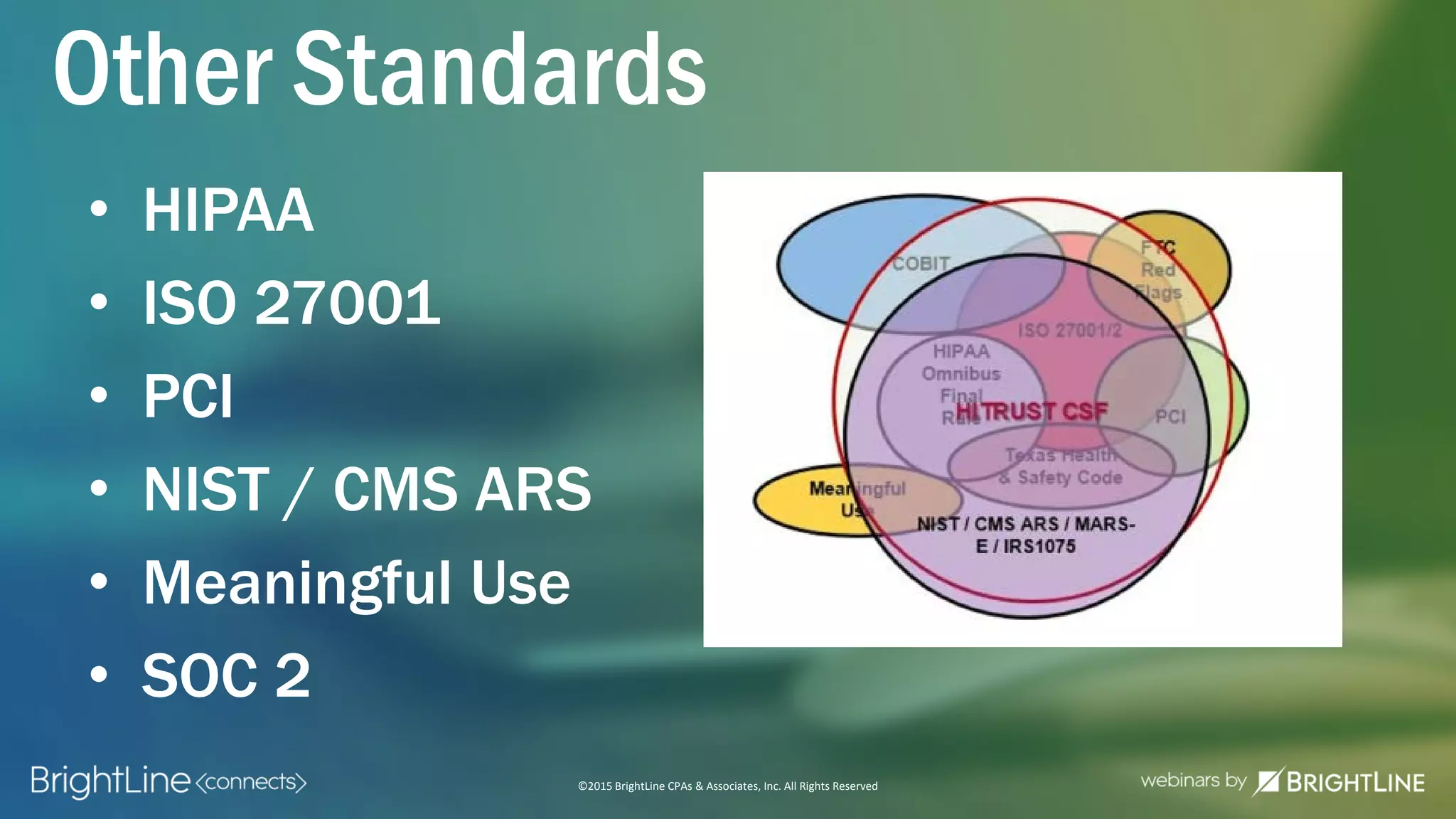 ©2015 BrightLine CPAs & Associates, Inc. All Rights Reserved
• HIPAA
• ISO 27001
• PCI
• NIST / CMS ARS
• Meaningful Use
• SOC 2
Other Standards
 