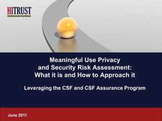 Meaningful Use Privacy
             and Security Risk Assessment:
            What it is and How to Approach it

       Leveraging the CSF and CSF Assurance Program




June 2011
 