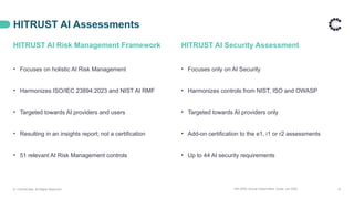 14th APAC Annual Global Meet, Dubai, Jan 2025 12
HITRUST AI Assessments
© ControlCase. All Rights Reserved.
HITRUST AI Risk Management Framework
• Focuses on holistic AI Risk Management
• Harmonizes ISO/IEC 23894:2023 and NIST AI RMF
• Targeted towards AI providers and users
• Resulting in an insights report; not a certification
• 51 relevant AI Risk Management controls
HITRUST AI Security Assessment
• Focuses only on AI Security
• Harmonizes controls from NIST, ISO and OWASP
• Targeted towards AI providers only
• Add-on certification to the e1, i1 or r2 assessments
• Up to 44 AI security requirements
 