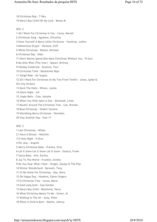 Armazém Do Som: Resultados da pesquisa HITS                             Page 16 of 33



 18 Christmas Bop - T-Rex
 19 Mary's Boy Child/Oh My Lord - Boney M


 DISC 2
 1 All I Want For Christmas Is You - Carey, Mariah
 2 Christmas Song - Aguilera, Christina
 3 Have Yourself A Merry Little Christmas - Vandross, Luther
 4 Millennium Prayer - Richard, Cliff
 5 White Christmas - Bolton, Michael
 6 Christmas Day - Dido
 7 I Don't Wanna Spend One More Christmas Without You - 'N Sync
 8 My Only Wish (This Year) - Spears, Britney
 9 Holiday Celebrate - Braxton, Toni
 10 Christmas Time - Backstreet Boys
 11 Sleigh Ride - Air Supply
 12 All I Want For Christmas (Is My Two Front Teeth) - Jones, Spike &
 His City Slickers
 13 Deck The Halls - Wilson, Jackie
 14 Silent Night - G4
 15 Jingle Bells - Cole, Natalie
 16 When You Wish Upon A Star - Ronstadt, Linda
 17 Rockin' Around The Christmas Tree - Lee, Brenda
 18 Blue Christmas - Shakin' Stevens
 19 Wombling Merry Christmas - Wombles
 20 Stay Another Day - East 17


 DISC 3
 1 Last Christmas - Wham
 2 I Have A Dream - Westlife
 3 O Holy Night - Il Divo
 4 Pie Jesu - Angelis
 5 Merry Christmas Baby - Presley, Elvis
 6 Let It Snow Let It Snow Let It Snow - Sinatra, Frank
 7 Santa Baby - Kitt, Eartha
 8 Joy To The World - Franklin, Aretha
 9 Do You Hear What I Hear - Knight, Gladys & The Pips
 10 Winter Wonderland - Bennett, Tony
 11 I'll Be Home For Christmas - Day, Doris
 12 Oh Happy Day - Hawkins, Edwin Singers
 13 O Christmas Tree - Lanza, Mario
 14 Auld Lang Syne - Gay Gordon
 15 Mary's Boy Child - Belafonte, Harry
 16 What Christmas Means To Me - Green, Al
 17 Walking In The Air - Auty, Peter
 18 When A Child Is Born - Mathis, Johnny




http://armazemdosom.blogspot.com/search?q=HITS                             28/8/2010
 