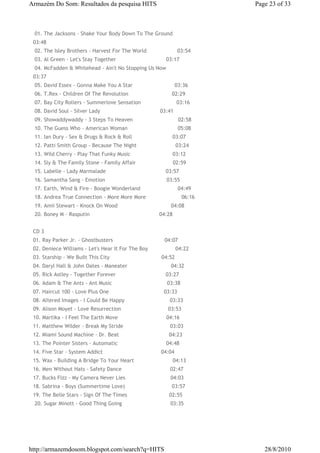 Armazém Do Som: Resultados da pesquisa HITS                                Page 23 of 33



 €01. The Jacksons - Shake Your Body Down To The Ground€€€€€€€€€€€
 03:48
 €02. The Isley Brothers - Harvest For The World€€€€€€€€€€€€€€€€€€ 03:54
 €03. Al Green - Let's Stay Together€€€€€€€€€€€€€€€€€€€€€€€€€€€€€€ 03:17
 €04. McFadden & Whitehead - Ain't No Stopping Us Now€€€€€€€€€€€€€
 03:37
 €05. David Essex - Gonna Make You A Star€€€€€€€€€€€€€€€€€€€€€€€€€ 03:36
 €06. T.Rex - Children Of The Revolution€€€€€€€€€€€€€€€€€€€€€€€€€€ 02:29
 €07. Bay City Rollers - Summerlove Sensation€€€€€€€€€€€€€€€€€€€€€ 03:16
 €08. David Soul - Silver Lady€€€€€€€€€€€€€€€€€€€€€€€€€€€€€€€€€€€€ 03:41
 €09. Showaddywaddy - 3 Steps To Heaven€€€€€€€€€€€€€€€€€€€€€€€€€€€ 02:58
 €10. The Guess Who - American Woman€€€€€€€€€€€€€€€€€€€€€€€€€€€€€€ 05:08
 €11. Ian Dury - Sex & Drugs & Rock & Roll€€€€€€€€€€€€€€€€€€€€€€€€ 03:07
 €12. Patti Smith Group - Because The Night€€€€€€€€€€€€€€€€€€€€€€€ 03:24
 €13. Wild Cherry - Play That Funky Music€€€€€€€€€€€€€€€€€€€€€€€€€ 03:12
 €14. Sly & The Family Stone - Family Affair€€€€€€€€€€€€€€€€€€€€€€ 02:59
 €15. Labelle - Lady Marmalade€€€€€€€€€€€€€€€€€€€€€€€€€€€€€€€€€€€€ 03:57
 €16. Samantha Sang - Emotion€€€€€€€€€€€€€€€€€€€€€€€€€€€€€€€€€€€€€ 03:55
 €17. Earth, Wind & Fire - Boogie Wonderland€€€€€€€€€€€€€€€€€€€€€€ 04:49
 €18. Andrea True Connection - More More More€€€€€€€€€€€€€€€€€€€€€ 06:16
 €19. Amii Stewart - Knock On Wood€€€€€€€€€€€€€€€€€€€€€€€€€€€€€€€€ 04:08
 €20. Boney M - Rasputin€€€€€€€€€€€€€€€€€€€€€€€€€€€€€€€€€€€€€€€€€€ 04:28


 CD 3
 01. Ray Parker Jr. - Ghostbusters€€€€€€€€€€€€€€€€€€€€€€€€€€€€€€€ 04:07
 02. Deniece Williams - Let's Hear It For The Boy€€€€€€€€€€€€€€€€ 04:22
 03. Starship - We Built This City€€€€€€€€€€€€€€€€€€€€€€€€€€€€€€€ 04:52
 04. Daryl Hall & John Oates - Maneater€€€€€€€€€€€€€€€€€€€€€€€€€€ 04:32
 05. Rick Astley - Together Forever€€€€€€€€€€€€€€€€€€€€€€€€€€€€€€ 03:27
 06. Adam & The Ants - Ant Music€€€€€€€€€€€€€€€€€€€€€€€€€€€€€€€€€ 03:38
 07. Haircut 100 - Love Plus One€€€€€€€€€€€€€€€€€€€€€€€€€€€€€€€€€ 03:33
 08. Altered Images - I Could Be Happy€€€€€€€€€€€€€€€€€€€€€€€€€€€ 03:33
 09. Alison Moyet - Love Resurrection€€€€€€€€€€€€€€€€€€€€€€€€€€€€ 03:53
 10. Martika - I Feel The Earth Move€€€€€€€€€€€€€€€€€€€€€€€€€€€€€ 04:16
 11. Matthew Wilder - Break My Stride€€€€€€€€€€€€€€€€€€€€€€€€€€€€ 03:03
 12. Miami Sound Machine - Dr. Beat€€€€€€€€€€€€€€€€€€€€€€€€€€€€€€ 04:23
 13. The Pointer Sisters - Automatic€€€€€€€€€€€€€€€€€€€€€€€€€€€€€ 04:48
 14. Five Star - System Addict€€€€€€€€€€€€€€€€€€€€€€€€€€€€€€€€€€€ 04:04
 15. Wax - Building A Bridge To Your Heart€€€€€€€€€€€€€€€€€€€€€€€ 04:13
 16. Men Without Hats - Safety Dance€€€€€€€€€€€€€€€€€€€€€€€€€€€€€ 02:47
 17. Bucks Fizz - My Camera Never Lies€€€€€€€€€€€€€€€€€€€€€€€€€€€ 04:03
 18. Sabrina - Boys (Summertime Love)€€€€€€€€€€€€€€€€€€€€€€€€€€€€ 03:57
 19. The Belle Stars - Sign Of The Times€€€€€€€€€€€€€€€€€€€€€€€€€ 02:55
 €20. Sugar Minott - Good Thing Going€€€€€€€€€€€€€€€€€€€€€€€€€€€€€ 03:35




http://armazemdosom.blogspot.com/search?q=HITS                                28/8/2010
 
