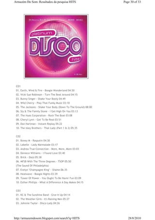 Armazém Do Som: Resultados da pesquisa HITS                      Page 30 of 33




 CD1
 01. Earth, Wind & Fire - Boogie Wonderland 04:50
 02. Vicki Sue Robinson - Turn The Beat Around 04:15
 03. Bunny Singer - Shake Your Booty 04:49
 04. Wild Cherry - Play That Funky Music 03:10
 05. The Jacksons - Shake Your Body (Down To The Ground) 08:00
 06. Sly & The Family Stone - I Get High On You 03:13
 07. The Hues Corporation - Rock The Boat 03:08
 08. Cheryl Lynn - Got To Be Real 03:51
 09. Dan Hartman - Instant Replay 05:22
 10. The Isley Brothers - That Lady (Part 1 & 2) 05:35


 CD2
 01. Boney M - Rasputin 04:30
 02. Labelle - Lady Marmalade 03:17
 03. Andrea True Connection - More, More, More 03:03
 04. Deniece Williams - I Found Love 03:40
 05. Brick - Dazz 05:38
 06. MFSB With The Three Degrees - TSOP 05:50
 (The Sound Of Philadelphia)
 07. Evelyn "Champagne King" - Shame 06:35
 08. Heatwave - Boogie Nights 03:39
 09. Tower Of Power - You Ought To Be Havin' Fun 03:09
 10. Esther Phillips - What A Difference A Day Makes 04:15


 CD3
 01. KC & The Sunshine Band - Give It Up 04:14
 02. The Weather Girls - It's Raining Men 05:27
 03. Johnnie Taylor - Disco Lady 04:26




http://armazemdosom.blogspot.com/search?q=HITS                      28/8/2010
 