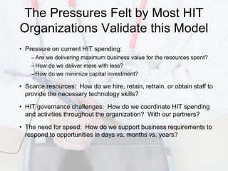 The Pressures Felt by Most HIT
Organizations Validate this Model
• Pressure on current HIT spending:
    – Are we delivering maximum business value for the resources spent?
    – How do we deliver more with less?
    – How do we minimize capital investment?

• Scarce resources: How do we hire, retain, retrain, or obtain staff to
  provide the necessary technology skills?

• HIT governance challenges: How do we coordinate HIT spending
  and activities throughout the organization? With our partners?

• The need for speed: How do we support business requirements to
  respond to opportunities in days vs. months vs. years?
 