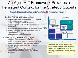 An Agile HIT Framework Provides a
Persistent Context for the Strategy Outputs
        Strategic Directions Required for Driving Agile HIT Come in Two Flavors

• Getting Aligned and Managed . . .                                                                                          Externalizing &
  –   Drive efficiency and effectiveness of HIT delivery                                Transitional State                   Becoming Agile

      and management processes                           Environmentally
                                                               Integrated
                                                                                                                                             Agile

  –   Adopt an enterprise architectural view                                                                                                   IT

  –   Focus on getting costs structured, understood,                                       Getting Aligned
      under control                                                                          & Managed                     Health Care
                                                                                                                            Aligned
                                                             Health Care




                                                                              Outlook
  –   Concentrate cost optimization on efficiency issues          Aligned
                                                                                                                            Managed


  –   Drive opportunity portfolio prioritization through                                                     Health Care
                                                                                                              Aligned
      value tradeoff                                                                                          Managed
                                                                                                                                         Transitional State
  –   Align business and HIT strategies
                                                                   Tactical

• Externalizing and Becoming Agile . . .
  –   Integrate business and HIT strategies                                                                        performance
                                                                                           Reactive                    Managed                 Agile
  –   Focus on improved services and delivery through
      adaptive management and delivery processes
  –   Expand the view of infrastructure to “extra-
                                                                                  Because an organization’s HIT
      structure”                                                                  capabilities are typically distributed
  –   Create agility through a flexible services                                  across the framework, their HIT
      environment leveraging internal and external                                Strategy embraces a mix of activity
      providers                                                                   types
 