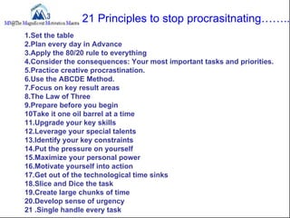 21 Principles to stop procrasitnating……..
1.Set the table
2.Plan every day in Advance
3.Apply the 80/20 rule to everything...