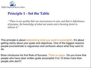 Principle 1 - Set the Table

      -“There is one quality that one must possess to win, and that is definiteness
      of ...