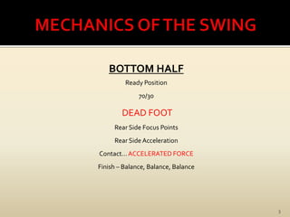 MECHANICS OF THE SWING3 BOTTOM HALF Ready Position 70/30 DEAD FOOT Rear Side Focus Points Rear Side Acceleration Contact… ACCELERATED FORCE Finish – Balance, Balance, Balance   