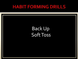 HABIT FORMING DRILLS32Soft Toss Progressions	Back Up Soft Toss	Angle PitchSoft Toss Progressions	Back Up Soft Toss	Angle PitchSoft Toss Progressions	Back Up Soft Toss	Angle PitchSoft Toss Progressions	Back Up Soft Toss	Angle PitchSoft Toss Progressions	Back Up Soft Toss	Angle PitchSoft Toss Progressions	Back Up Soft Toss	Angle PitchBack Up Soft Toss 