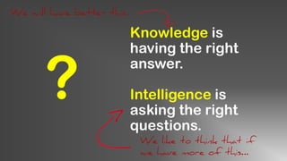 Knowledge is
having the right
answer.
Intelligence is
asking the right
questions.
?
We like to think that if
we have more of this…
We will have better this.
 