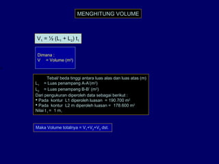 MENGHITUNG VOLUME
Dimana :
V = Volume (m3
)
h
= Tebal/ beda tinggi antara luas alas dan luas atas (m)
L1
= Luas penampang A-A’(m2
)
L2
= Luas penampang B-B’ (m2
)
Dari pengukuran diperoleh data sebagai berikut :
 Pada kontur L1 diperoleh luasan = 190.700 m2
 Pada kontur L2 m diperoleh luasan = 178.600 m2
Nilai t 1
= 1 m,
Maka Volume totalnya = V1
+V2
+V3
dst.
V1 = ½ (L1 + L2) t1
 