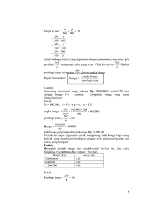 8
bunga w hari = M
pw
××
100360
=
100360
pMw
×
=
360100
pMw
×
=
p
Mw 360
:
100
untuk berbagai modal yang digunakan dengan persentase yang sama p%
pecahan
p
360
mempunyai nilai yang tetap. Oleh karena itu
p
360
disebut
pembagi tetap, sedangkan
100
Mw
disebut angka bunga.
Dapat dirumuskan:
Contoh:
Seseorang meminjam uang sebesar Rp 500.000,00 selama120 hari
dengan bunga 6% setahun. Berapakah bunga yang harus
dibayarkannya?
Jawab:
M = 500.000, i = 6% → p = 6, w = 120
angka bunga
pembagi tetap
Bunga 000.10
60
000.600
==
Jadi bunga yang harus dibayarkannya Rp 10.000,00
Metode ini dapat digunakan untuk menghitung nilai bunga bagi orang
banyak yang meminjam/membayar dengan nilai pinjaman/bayaran dan
waktu yang beragam.
Contoh
Hitunglah jumlah bunga dari modal-modal berikut ini, jika suku
bunganya 4% pertahun dan 1 tahun = 360 hari.
Modal (Rp) waktu (hr)
800.000,00 120
600.000 240
1.200.000 100
Jawab
Pembagi tetap = 90
4
360
=
Bunga =
tetappembagi
bungaangka
000.600
100
120000.500
100
=
×
==
Mw
60
6
360
==
 