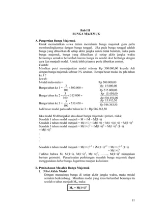 11
Bab III
BUNGA MAJEMUK
A. Pengertian Bunga Majemuk
Untuk memudahkan siswa dalam memahami bunga majemuk guru perlu
membandingkannya dengan bunga tunggal. Jika pada bunga tunggal adalah
bunga yang dihasilkan di setiap akhir jangka waktu tidak berubah, maka pada
bunga majemuk, bunga yang dihasilkan di setiap akhir jangka waktu
berikutnya semakin bertambah karena bunga itu sendiri ikut berbunga dengan
cara ikut menjadi modal. Untuk lebih jelasnya perlu diberikan contoh.
Contoh:
Misalkan putri meminjamkan modal sebesar Rp 500.000,00 kepada Adi
dengan bunga majemuk sebesar 3% setahun. Berapa besar modal itu pda tahun
ke 3 ?
Jawab:
Modal mula-mula = Rp 500.000,00
Bunga tahun ke 1 = =× 000.500
100
3
Bunga tahun ke 2 = =× 000.515
100
3
Bunga tahun ke 3 = =× 450.530
100
3
Jadi besar modal pada akhir tahun ke 3 = Rp 546.363,50
Jika modal M dibungakan atas dasar bunga majemuk i persen, maka:
Sesudah 1 tahun modal menjadi = M + iM = M(1+i)
Sesudah 2 tahun modal menjadi = M(1+i) + iM(1+i) = M(1+i)(1+i) = M(1+i)2
Sesudah 3 tahun modal menjadi = M(1+i)2
+ iM(1+i)2
= M(1+i)2
(1+i)
= M(1+i)3
.
.
.
Sesudah n tahun modal menjadi = M(1+i)n-1
+ iM(1+i)n-1
= M(1+i)n-1
(1+i)
= M(1+i)n
Terlihat bahwa M, M(1+i), M(1+i)2
, M(1+i)3
, ……., M(1+i)n
merupakan
barisan geometri. Penyelesaian perhitungan masalah bunga majemuk dapat
menggunakan daftar bunga, logaritma maupun kalkulator.
B. Pembahasan Masalah Bunga Majemuk
1. Nilai Akhir Modal
Dengan munculnya bunga di setiap akhir jangka waktu, maka modal
semakin berkembang. Misalkan modal yang terus bertambah besarnya itu
setelah n tahun menjadi Mn, maka:
00,000.515
00,000.15
Rp
Rp
00,450.530
00,450.15
Rp
Rp
50,363.546
50,913.15
Rp
Rp
Mn = M(1+i)n
 