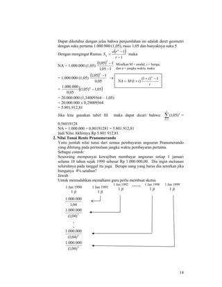 14
Dapat diketahui dengan jelas bahwa penjumlahan ini adalah deret geometri
dengan suku pertama 1.000.000 (1,05), rasio 1,05 dan banyaknya suku 5
Dengan mengingat Rumus
( )
1
1
−
−
=
r
ra
S
n
n maka
NA = 1.000.000 (1,05)
( )
105,1
105,1
5
−
−
= 1.000.000 (1,05)
( )
05,0
105,1
5
−
→
= ( )05,1)05,1(
05,0
000.000.1 6
−
= 20.000.000 (1,34009564 – 1,05)
= 20.000.000 × 0,29009564
= 5.801.912,81
Jika kita gunakan tabel III maka dapat dicari bahwa: ∑=
5
1
)05,1(
k
k
=
0,56019128
NA = 1.000.000 × 0,80191281 = 5.801.912,81
Jadi Nilai Akhirnya Rp 5.801.912,81
2. Nilai Tunai Rente Pranumerando
Yaitu jumlah nilai tunai dari semua pembayaran angsuran Pranumerando
yang dihitung pada permulaan jangka waktu pembayaran pertama.
Sebagai contoh:
Seseorang mempunyai kewajiban membayar angsuran setiap 1 januari
selama 10 tahun sejak 1990 sebesar Rp 1.000.000,00. Dia ingin melunasi
seluruhnya pada tanggal itu juga. Berapa uang yang harus dia setorkan jika
bunganya 4% setahun?
Jawab
Untuk memudahkan memahami guru perlu membuat sketsa
1 Jan 1990
1 jt
1 Jan 1991
1 jt
1 Jan 1992
1 jt
…… 1 Jan 1998
1 jt
1 Jan 1999
1 jt
04,1
000.000.1
2
)04,1(
000.000.1
.
.
8
)04,1(
000.000.1
9
)04,1(
000.000.1
Misalkan M = modal, i = bunga,
dan n = jangka waktu, maka
i
i
iMNA
n
1)1(
)1(
−+
+=
 