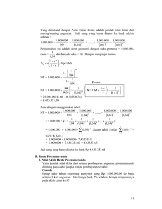 15
Yang dimaksud dengan Nilai Tunai Rente adalah jumlah nilai tunai dari
masing-masing angsuran. Jadi uang yang harus disetor ke bank adalah
sebesar :
1.000.000 +
04,1
000.000.1
+
( )2
04,1
000.000.1
+ ……+
( )8
04,1
000.000.1
+
( )9
04,1
000.000.1
Penjumlahan ini adalah deret geometri dengan suku pertama = 1.000.000,
rasio =
04,1
1
dan banyak suku = 10. Dengan mengingat rumus
⎟⎟
⎠
⎞
⎜⎜
⎝
⎛
−
−
=
r
r
aS
n
n
1
1
, diperoleh
NT = 1.000.000 ×
04,1
1
1
04,1
1
1
10
−
⎟
⎠
⎞
⎜
⎝
⎛
−
NT = 1.000.000 ×
( ) ⎟
⎟
⎠
⎞
⎜
⎜
⎝
⎛
− 10
04,1
1
1
04,0
04,1
→
= 25.000.000 (1,04 – 0,70258674)
= 8.435.331,50
Atau dengan menggunakan tabel:
NT = 1.000.000 +
04,1
000.000.1
+
( )2
04,1
000.000.1
+ ……+
( )8
04,1
000.000.1
+
( )9
04,1
000.000.1
= 1.000.000 × (1 + 932
)04,1(
1
...
)04,1(
1
)04,1(
1
04,1
1
++++ )
= 1.000.000 + 1.000.000×∑=
−
9
1
)04,1(
n
n
(dalam tabel II nilai ∑=
−
9
1
)04,1(
n
n
=
0,297413264)
= 1.000.000 + 1.000.000× 7,43533161
= 1.000.000 + 7.435.331.61 = 8.435331,61
Jadi uang yang harus disetor ke bank Rp 8.435.331.61
B. Rente Postnumerando
1. Nilai Akhir Rente Postnumerando
Yaitu jumlah nilai akhir dari semua pembayaran angsuran postnumerando
dihitung pada akhir jangka waktu pembayaran terakhir.
Contoh
Setiap akhir tahun seseorang menyetor uang Rp 1.000.000,00 ke bank
selama 8 kali angsuran. Jika bunga bank 5% setahun, berapa simpanannya
pada akhir tahun ke 8?
NT = M ×
( ) ⎟
⎟
⎠
⎞
⎜
⎜
⎝
⎛
+
−
+
n
ii
i
1
1
1
1
Rumus:
 
