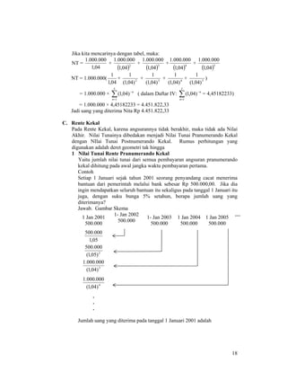 18
Jika kita mencarinya dengan tabel, maka:
NT =
04,1
000.000.1
+
( )2
04,1
000.000.1
+
( )3
04,1
000.000.1
+
( )4
04,1
000.000.1
+
( )5
04,1
000.000.1
NT = 1.000.000(
04,1
1
+ 2
)04,1(
1
+ 3
)04,1(
1
+ 4
)04,1(
1
+ 5
)04,1(
1
)
= 1.000.000 × ∑=
−
5
1
)04,1(
n
n
( dalam Daftar IV: ∑=
−
5
1
)04,1(
n
n
= 4,45182233)
= 1.000.000 × 4,45182233 = 4.451.822,33
Jadi uang yang diterima Nita Rp 4.451.822,33
C. Rente Kekal
Pada Rente Kekal, karena angsurannya tidak berakhir, maka tidak ada Nilai
Akhir. Nilai Tunainya dibedakan menjadi Nilai Tunai Pranumerando Kekal
dengan NIlai Tunai Postnumerando Kekal. Rumus perhitungan yang
digunakan adalah deret geometri tak hingga
1 Nilai Tunai Rente Pranumerando Kekal
Yaitu jumlah nilai tunai dari semua pembayaran angsuran pranumerando
kekal dihitung pada awal jangka waktu pembayaran pertama.
Contoh
Setiap 1 Januari sejak tahun 2001 seorang penyandang cacat menerima
bantuan dari pemerintah melalui bank sebesar Rp 500.000,00. Jika dia
ingin mendapatkan seluruh bantuan itu sekaligus pada tanggal 1 Januari itu
juga, dengan suku bunga 5% setahun, berapa jumlah uang yang
diterimanya?
Jawab. Gambar Skema
1 Jan 2001
500.000
1- Jan 2002
500.000
1- Jan 2003
500.000
1 Jan 2004
500.000
1 Jan 2005
500.000
…
05,1
000.500
2
)05,1(
000.500
3
)04,1(
000.000.1
4
)04,1(
000.000.1
.
.
.
Jumlah uang yang diterima pada tanggal 1 Januari 2001 adalah
 