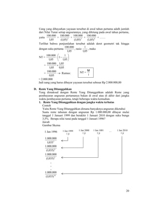 20
Uang yang dibayarkan yayasan tersebut di awal tahun pertama adalh jumlah
dari Nilai Tunai setiap angsurannya, yang dihitung pada awal tahun pertama,
yaitu
05,1
000.100
+ 2
)05,1(
000.100
+ 3
)05,1(
000.100
+ 4
)05,1(
000.100
+ ……
Terlihat bahwa penjumlahan tersebut adalah deret geometri tak hingga
dengan suku pertama
05,1
000.100
, rasio
05,1
1
, maka
NT = ⎟
⎠
⎞
⎜
⎝
⎛
−
05,1
1
1:
05,1
000.100
=
05,0
05,1
05,1
000.100
×
=
05,0
000.100
→ Rumus:
= 2.000.000
Jadi uang yang harus dibayar yayasan tersebut sebesar Rp 2.000.000,00
D. Rente Yang Ditangguhkan
Yang dimaksud dengan Rente Yang Ditangguhkan adalah Rente yang
pembayaran angsuran pertamanya bukan di awal atau di akhir dari jangka
waktu pembayaran pertama, tetapi beberapa waktu kemudian.
1. Rente Yang Ditangguhkan dengan jangka waktu terbatas
Contoh
Yaitu Rente Yang Ditangguhkan dimana banyaknya angsuran diketahui
Suatu rente tahunan dengan angsuran Rp 1.000.000,00 dibayar mulai
tanggal 1 Januari 1999 dan berakhir 1 Januari 2010 dengan suku bunga
3,5%. Berapa nilai tunai pada tanggal 1 Januari 1996?
Jawab
Gambar Skema
1 Jan 1996 1 Jan 1999
1 jt
1 Jan 2000
1 jt
1 Jan 1001
1 jt
… 1 Jan 2010
1 jt
3
035,1
000.000.1
4
)035,1(
000.000.1
5
)035,1(
000.000.1
.
.
.
14
)035,1(
000.000.1
NT =
i
M
 