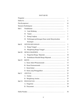 ii
DAFTAR ISI
Pengantar ……………………………………………………………………
Daftar Isi ……………………………………………………………………..
Peta Kompetensi ……………………………………………………………
Skenario Pembelajaran …………………………………………………….
i
ii
iii
iv
Bab I
Bab II
Bab III
Bab IV
Bab V
Bab VI
Pendahuluan ……………………………………………………
A. Latar Belakang ……………………………………………….
B. Tujuan ……………...…………………………………………
C. Ruang Lingkup ………………………………………………
D. Perhitungan-perhitungan Dasar untuk Menyelesaikan
Keuangan ……………………………………………………..
HITUNG KEUANGAN …………………………………………...
A. Bunga Tunggal …..……………………………………………
B. Menghitung Bunga Tunggal ......................................................
BUNGA MAJEMUK ………..…………………………………….
A. Pengertian Bunga Majemuk ………………………………….
B. Pembahasan Masalah Bunga Majemuk ……………………….
RENTE …………………………………………………………….
A. Rente Akhir PPranumerando …………………………………
B. Rente Postnumerando ………………………………………….
C. Rente Kekal ……………………………………………………
D. Rente yang Ditangguhkan …………………………...………...
ANUITAS ………………………………………………………….
A. Anuitas ………….. ………………………………….................
B. Menghitung Anuitas …………………………………………...
PENYUSUTAN …………………………………………………...
A. Pengertian ……….……………………………………………..
B. Penyusutan ……………………………………………………..
1
1
1
2
2
3
3
5
3
10
12
13
13
18
18
23
25
25
25
29
29
30
Daftar Pustaka ……………………………………………………………… 36
 