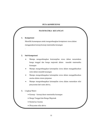iii
PETA KOMPETENSI
MATEMATIKA KEUANGAN
1. Kompetensi
Memiliki kemampuan untuk mengembangkan kompetensi siswa dalam
menggunakan konsep-konsep matematika keuangan
.
2. Sub Kompetensi
• Mampu mengembangkan keterampilan siswa dalam menentukan
bunga tunggal dan bunga majemuk dalam masalah matematika
keuangan
• Mampu mengembangakan ketrampilan siswa dalam mengaplikasikan
rente dalam masalah keuangan
• Mampu mengembangakan ketrampilan siswa dalam mengaplikasikan
anuitas dalam sistem pinjaman
• Mampu mengembangakan ketrampilan siswa dalam menetukan nilai
penyusutan dari suatu aktiva.
3. Lingkup Materi
• Konsep – konsep dasar matematika keuangan
• Bunga Tunggal dan Bunga Majemuk
• Rented an Anuitas
• IPenysutan nilai aktiva
 