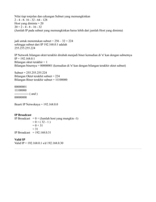 Nilai tiap tonjolan dan cekungan Subnet yang memungkinkan 
2 - 4 - 8- 16 - 32 - 64 - 128 
Host yang diminta = 20 
20 = 2 - 4 - 8 - 16 - 32 
(Jumlah IP pada subnet yang memungkinkan harus lebih dari jumlah Host yang diminta) 
jadi untuk menentukan subnet = 256 – 32 = 224 
sehingga subnet dari IP 192.168.0.1 adalah 
255.255.255.224 
IP Network bilangan oktet terakhir dirubah menjadi biner kemudian di 'n' kan dengan subnetnya 
IP = 192.168.0.1 
Bilangan oktet terakhir = 1 
Bilangan binernya = 00000001 (kemudian di 'n' kan dengan bilangan terakhir oktet subnet) 
Subnet = 255.255.255.224 
Bilangan Oktet terakhit subnet = 224 
Bilangan Biner terakhir subnet = 11100000 
00000001 
11100000 
-------------- ( and ) 
00000000 
Bearti IP Netwoknya = 192.168.0.0 
IP Broadcast 
IP Broadcast = 0 + (Jumlah host yang mungkin -1) 
= 0 + ( 32 - 1 ) 
= 0 + 31 
= 31 
IP Broadcast = 192.168.0.31 
Valid IP 
Valid IP = 192.168.0.1 s/d 192.168.0.30 
 