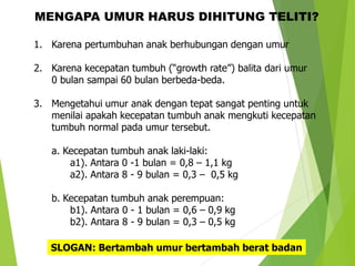 1. Karena pertumbuhan anak berhubungan dengan umur
2. Karena kecepatan tumbuh (“growth rate”) balita dari umur
0 bulan sampai 60 bulan berbeda-beda.
3. Mengetahui umur anak dengan tepat sangat penting untuk
menilai apakah kecepatan tumbuh anak mengkuti kecepatan
tumbuh normal pada umur tersebut.
a. Kecepatan tumbuh anak laki-laki:
a1). Antara 0 -1 bulan = 0,8 – 1,1 kg
a2). Antara 8 - 9 bulan = 0,3 – 0,5 kg
b. Kecepatan tumbuh anak perempuan:
b1). Antara 0 - 1 bulan = 0,6 – 0,9 kg
b2). Antara 8 - 9 bulan = 0,3 – 0,5 kg
MENGAPA UMUR HARUS DIHITUNG TELITI?
SLOGAN: Bertambah umur bertambah berat badan
 