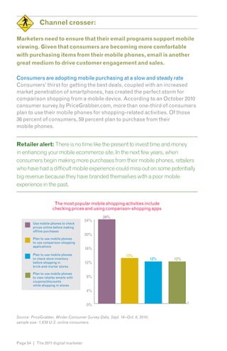 Channel crosser:

Marketers need to ensure that their email programs support mobile
viewing. Given that consumers are becoming more comfortable
with purchasing items from their mobile phones, email is another
great medium to drive customer engagement and sales.

Consumers are adopting mobile purchasing at a slow and steady rate
Consumers’ thirst for getting the best deals, coupled with an increased
market penetration of smartphones, has created the perfect storm for
comparison shopping from a mobile device. According to an October 2010
consumer survey by PriceGrabber.com, more than one-third of consumers
plan to use their mobile phones for shopping-related activities. Of those
36 percent of consumers, 59 percent plan to purchase from their
mobile phones.


Retailer alert: There is no time like the present to invest time and money
in enhancing your mobile ecommerce site. In the next few years, when
consumers begin making more purchases from their mobile phones, retailers
who have had a difficult mobile experience could miss out on some potentially
big revenue because they have branded themselves with a poor mobile
experience in the past.


                       The most popular mobile shopping activities include
                      checking prices and using comparison-shopping apps
                                               24%
                                        24%
         Use mobile phones to check
         prices online before making
         offline purchases
                                        20%
         Plan to use mobile phones
         to use comparison-shopping
         applications
                                        16%
         Plan to use mobile phones                          13%
         to check store inventory                                           12%   12%
         before shopping in             12%
         brick-and-mortar stores

         Plan to use mobile phones
         to view retailer emails with   8%
         coupons/discounts
         while shopping in stores
                                        4%


                                        0%


Source: PriceGrabber, Winter Consumer Survey Data, Sept. 14–Oct. 6, 2010;
sample size: 1,839 U.S. online consumers




Page 54 | The 2011 digital marketer
 
