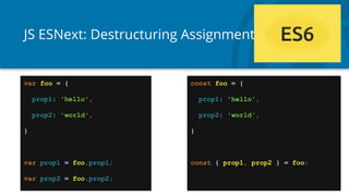 JS ESNext: Destructuring Assignment
var foo = {
prop1: 'hello',
prop2: 'world',
}
var prop1 = foo.prop1;
var prop2 = foo.prop2;
const foo = {
prop1: 'hello',
prop2: 'world',
}
const { prop1, prop2 } = foo;
 
