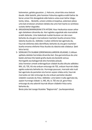 koloreetan, 
gelako 
gauzetan…). 
Hala 
ere, 
oinarrizko 
arau 
batzuk 
daude. 
Alde 
batetik, 
joko 
honetan 
hizkuntza 
egokia 
erabili 
behar 
da 
beraz 
umeei 
hitz 
desegokiak 
alde 
batera 
ustea 
esan 
behar 
diegu: 
tonto, 
leloa… 
Bestetik, 
umeen 
arteko 
errespetua, 
azkenean 
jokoa 
ume 
bat 
erratzean 
amaitzen 
delako 
eta 
ume 
hori 
txarto 
ez 
sentitzea 
sustatu 
behar 
dugulako. 
4-­‐ ARGAZKIAK/MARRAZKIAK 
ETA 
HITZAK: 
Haur 
Hezkuntza 
osoan 
zehar 
egin 
daitekeen 
dinamika 
da. 
Hori 
egiteko 
argazkiak 
edo 
marrazkiak 
erabili 
daitezke. 
Ume 
bakoitzak 
irudiak 
ikustean 
zer 
den 
esan 
beharko 
du 
eta 
gero 
marrazkiaren 
txartelari 
buelta 
emanez 
hitza 
idatzita 
ikusiko 
du. 
Adibidez: 
irudian 
elefante 
bat 
agertuko 
da, 
haurrak 
elefantea 
dela 
identifikatu 
beharko 
du 
eta 
gero 
txartelari 
buelta 
emanez 
elefante 
hitza 
ikusiko 
du 
idatzita 
edo 
silabatua 
(beti 
letra 
larriz). 
5-­‐ SOINUAK 
ETA 
SILABAK 
(ORDENAGAILUAREKIN 
JOLASAK): 
2.zikloan 
aplikatu 
daiteke 
horrelako 
dinamika 
bat. 
Oso 
garrantzitsua 
da 
ume 
batek 
ulertzea 
hitz 
batek 
grafia 
duela 
eta 
bestetik 
soinua. 
Horregatik 
oso 
baliagarriak 
dira 
honelako 
jolasak. 
Jolas 
honetan 
umeek 
ordenagailuan 
silabak 
ikusiko 
dituzte 
adibidez: 
MA, 
LO, 
TZE, 
KU 
eta 
orduan 
entzungo 
da 
TZE, 
orduan 
haurrak 
silaba 
egokia 
aukeratu 
beharko 
du. 
Hurrengo 
pausuan, 
marrazki 
edo 
irudi 
bat 
agertuko 
da 
pantailan 
eta 
horren 
azpian 
silaba 
anitz; 
haurrak 
marrazkia 
zer 
den 
entzungo 
du 
eta 
orduan 
pantailan 
dauden 
silabekin 
osatuko 
du 
hitza. 
Adibidez: 
ume 
baten 
irudia 
agertuko 
da, 
azpian 
hurrengo 
silabak: 
U, 
ME, 
KA, 
A, 
TZE 
eta 
LA, 
gero 
hitza 
entzungo 
du 
eta 
azkenik 
haurrak 
dituen 
silabekin 
hitza 
sortu 
beharko 
du. 
Beste 
jolas 
bat 
izango 
litzateke 
“Begizorrotz”. 
(aurkezpenekoa). 
6 

