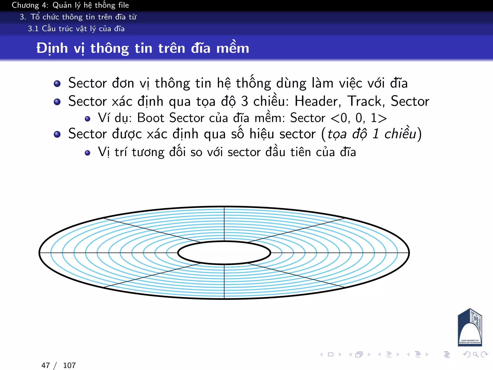 Chương 4: Quản lý hệ thống file
3. Tổ chức thông tin trên đĩa từ
3.1 Cấu trúc vật lý của đĩa
Định vị thông tin trên đĩa mềm
Sector đơn vị thông tin hệ thống dùng làm việc với đĩa
Sector xác định qua tọa độ 3 chiều: Header, Track, Sector
Ví dụ: Boot Sector của đĩa mềm: Sector <0, 0, 1>
Sector được xác định qua số hiệu sector (tọa độ 1 chiều)
Vị trí tương đối so với sector đầu tiên của đĩa
47 / 107
 