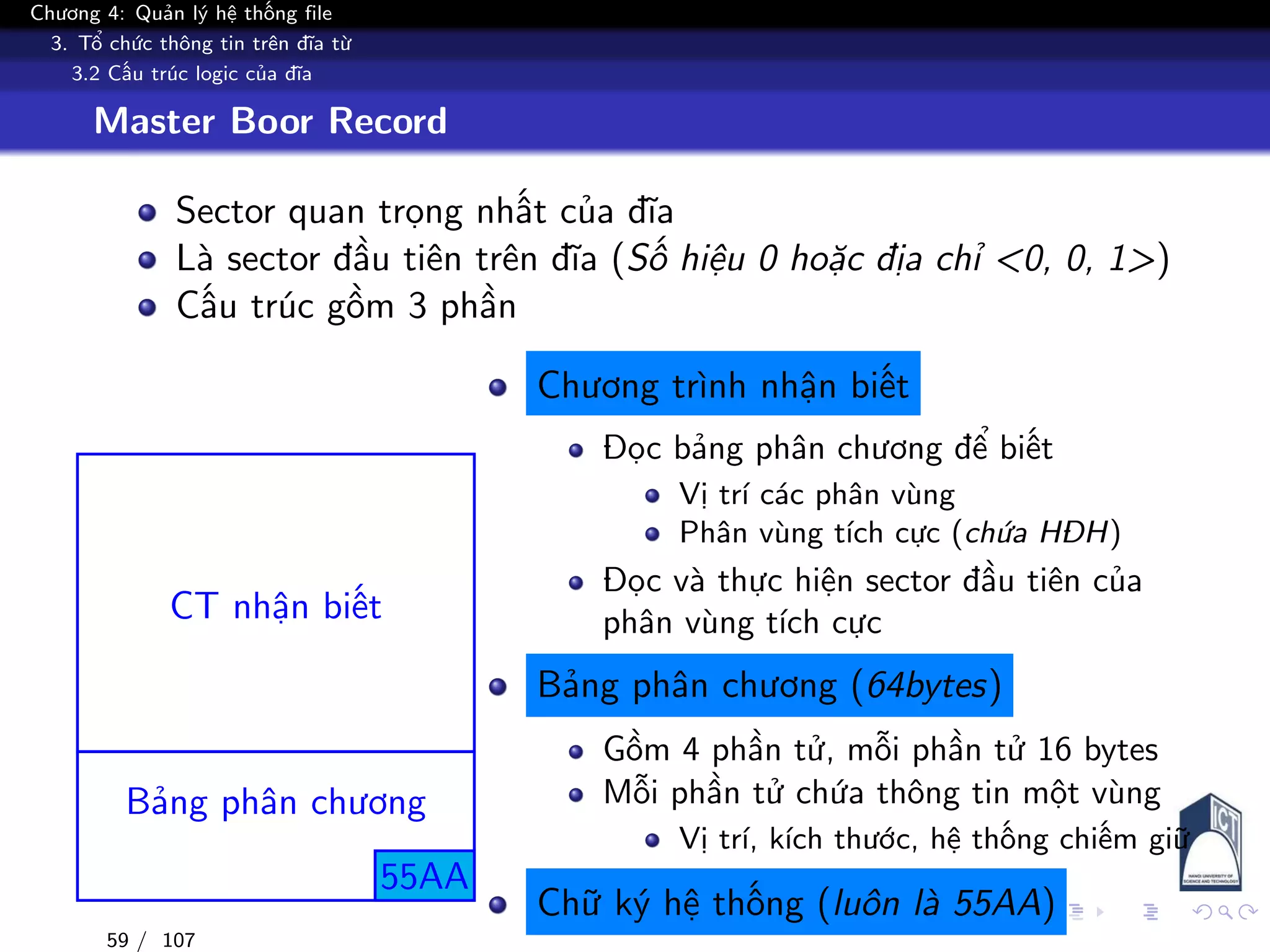 Chương 4: Quản lý hệ thống file
3. Tổ chức thông tin trên đĩa từ
3.2 Cấu trúc logic của đĩa
Master Boor Record
Sector quan trọng nhất của đĩa
Là sector đầu tiên trên đĩa (Số hiệu 0 hoặc địa chỉ <0, 0, 1>)
Cấu trúc gồm 3 phần
CT nhận biết
Bảng phân chương
55AA
Chương trình nhận biết
Đọc bảng phân chương để biết
Vị trí các phân vùng
Phân vùng tích cực (chứa HĐH)
Đọc và thực hiện sector đầu tiên của
phân vùng tích cực
Bảng phân chương (64bytes)
Gồm 4 phần tử, mỗi phần tử 16 bytes
Mỗi phần tử chứa thông tin một vùng
Vị trí, kích thước, hệ thống chiếm giữ
Chữ ký hệ thống (luôn là 55AA)
59 / 107
 
