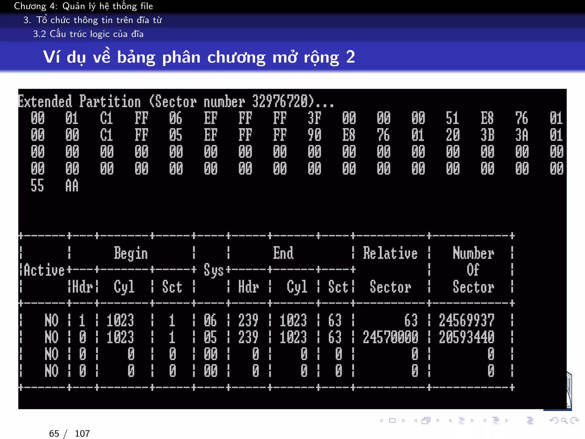 Chương 4: Quản lý hệ thống file
3. Tổ chức thông tin trên đĩa từ
3.2 Cấu trúc logic của đĩa
Ví dụ về bảng phân chương mở rộng 2
65 / 107
 
