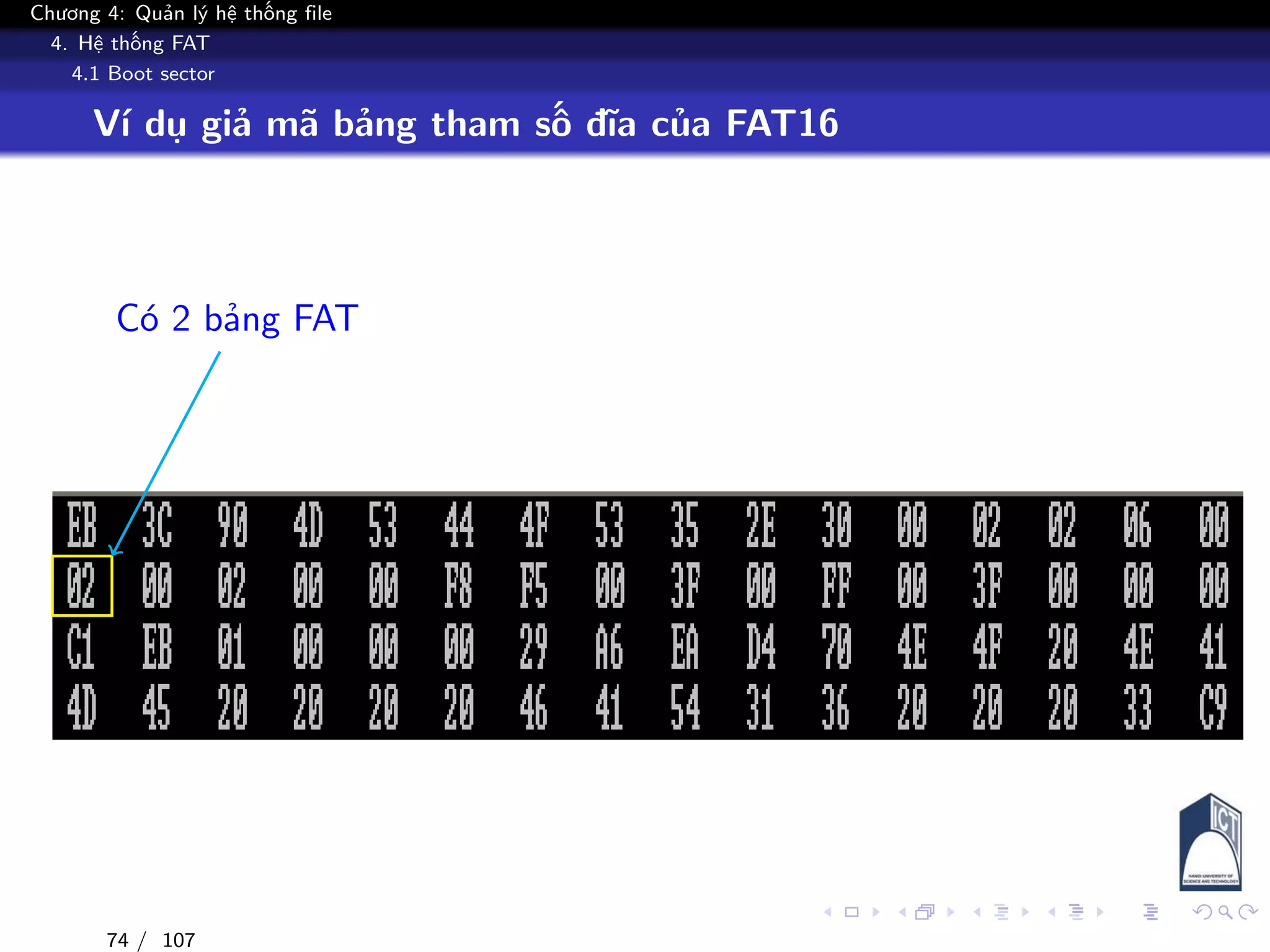 Chương 4: Quản lý hệ thống file
4. Hệ thống FAT
4.1 Boot sector
Ví dụ giả mã bảng tham số đĩa của FAT16
Có 2 bảng FAT
74 / 107
 
